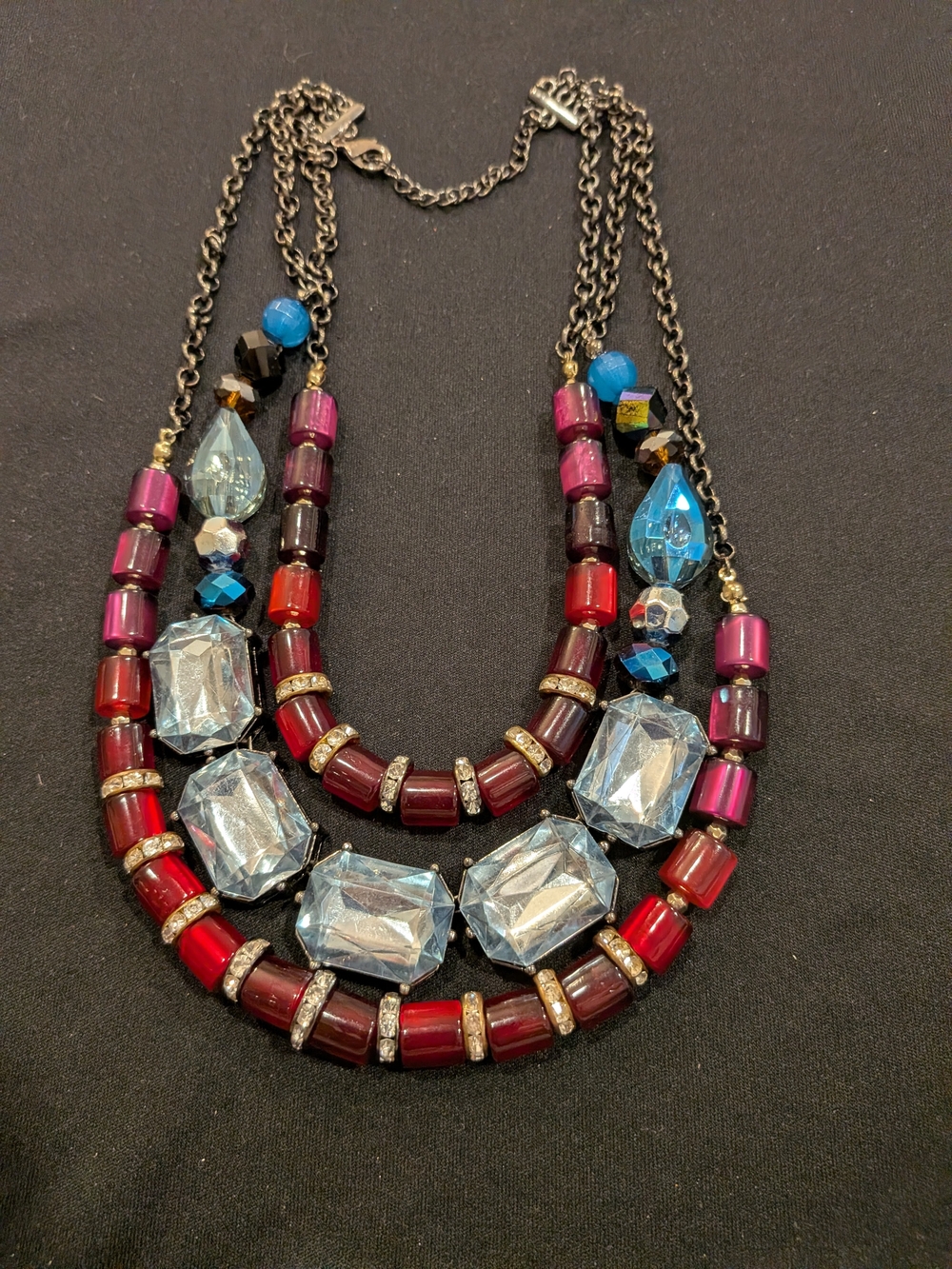 Multistrand Red Beaded Statement Necklace 11.5" with Blue Crystal Accents Vintag